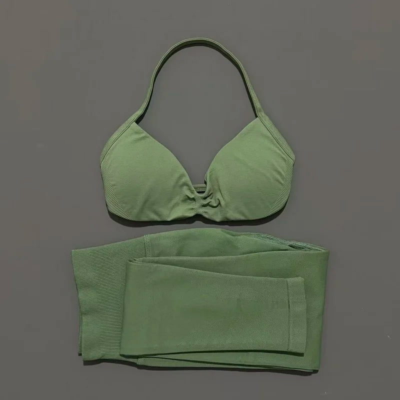 2 Piece Sports Set Women Yoga Backless Halter Bra High Waist Scrunch Seamless Pants Sport Suit Gym Sportswear Workout Set