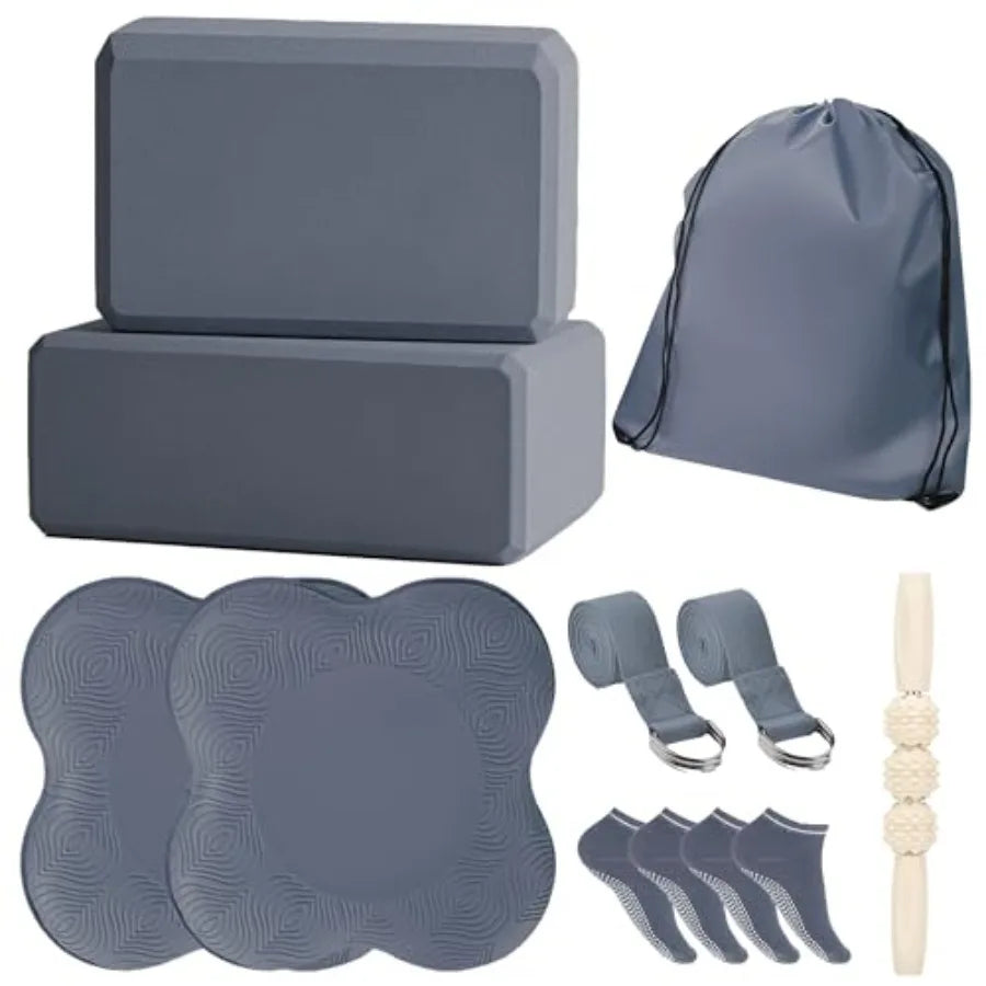 2 Yoga Blocks Supportive Accessories including 2 Knee Pads, 2 With Strap To Put Less Weight On Wrists, 1 Muscle Massage Roller,