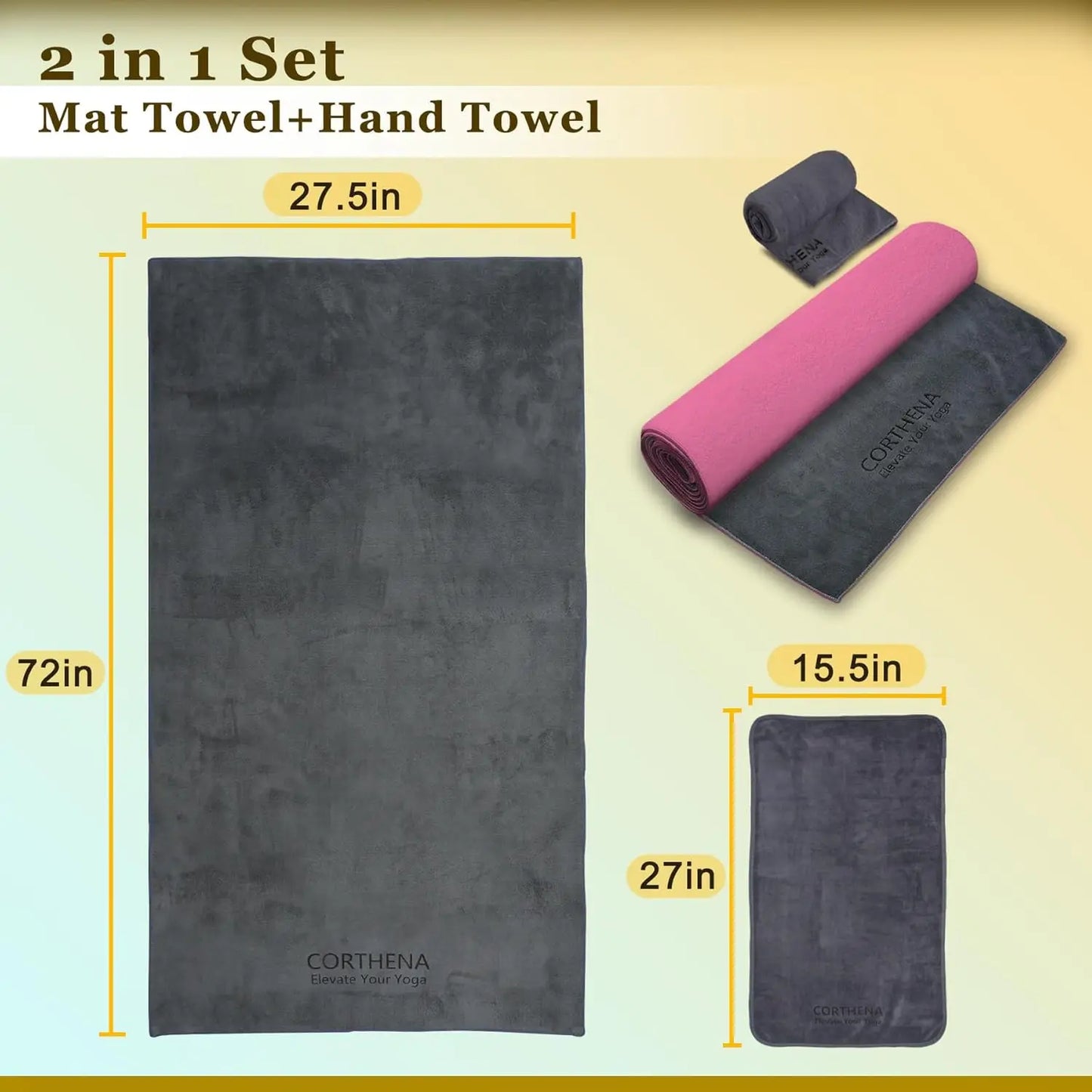 Extra Thick 600GSM Yoga Mat Towel with Hand Towel, Non-Slip Sweat Absorbent for Hot Yoga Pilates Fitness, Grey/Pink