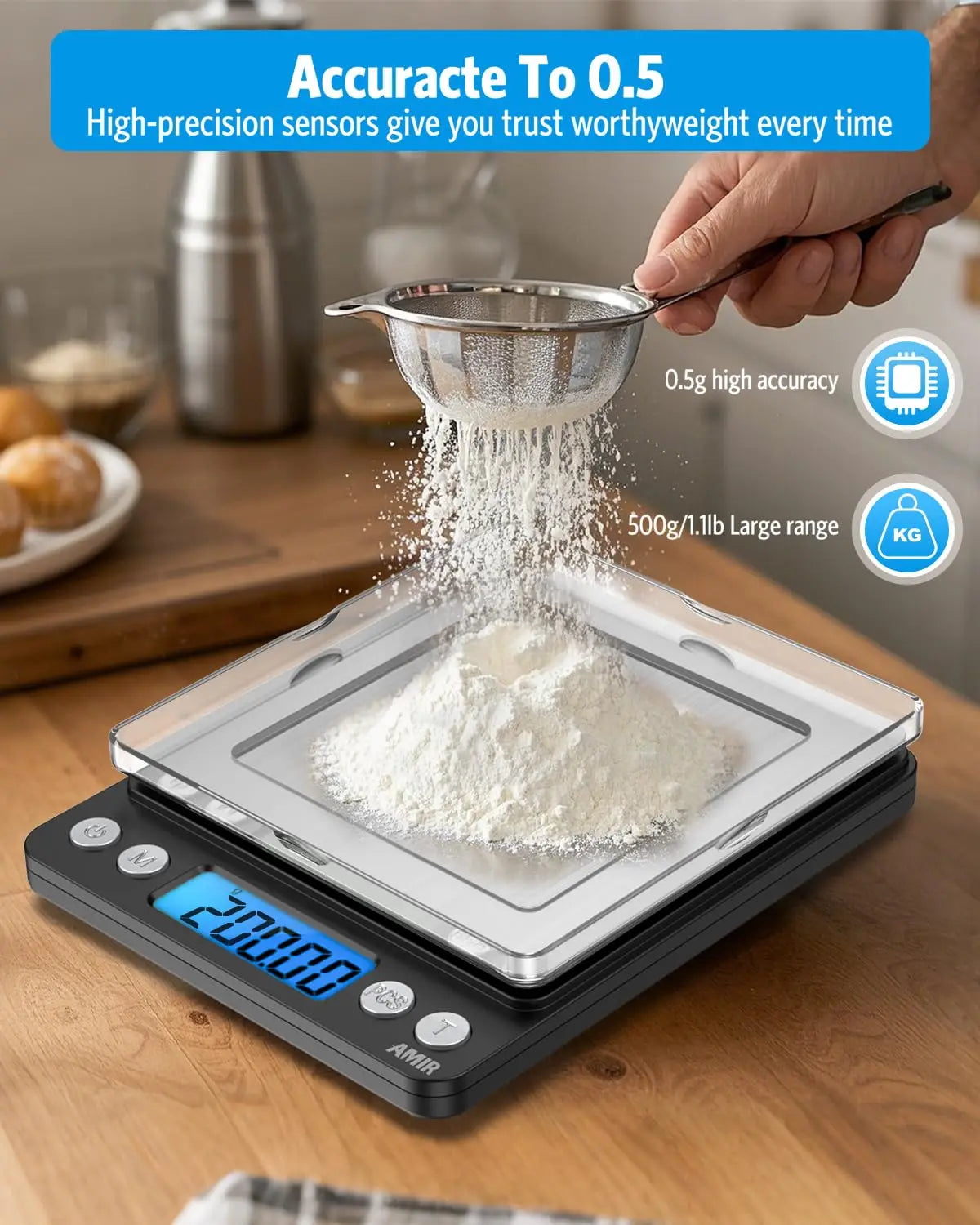 Digital Kitchen Scale 500g/0.01g Mini Pocket Scale with Backlit LCD, 2 Trays, 6 Units, Auto Off, Tare, PCS Function, Stainless Steel, Battery Included, Black
