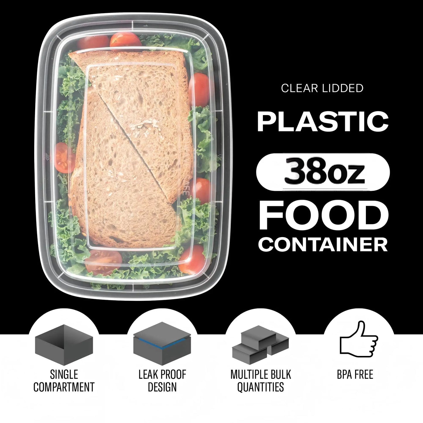 150-Piece Set of Black Rectangular Lunch Boxes, 38 oz. Stackable, Leak-Proof Food Storage Containers, Disposable Lunch Boxes