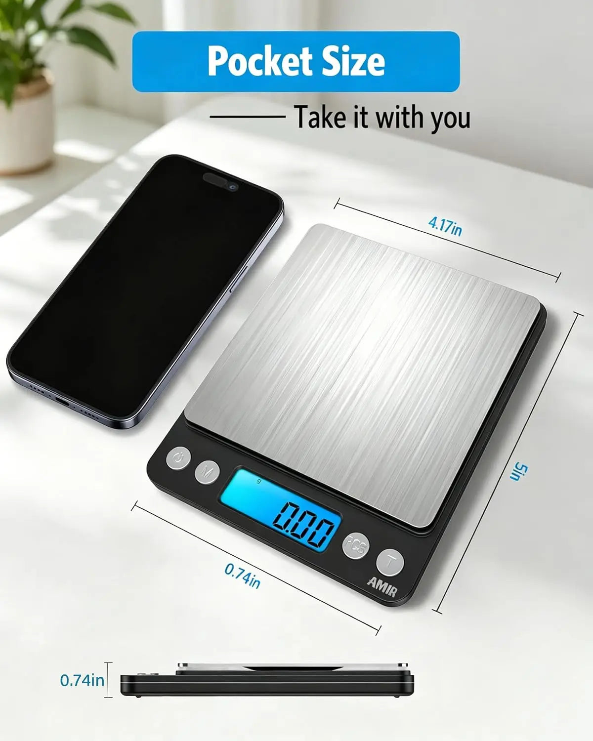 Digital Kitchen Scale 500g/0.01g Mini Pocket Scale with Backlit LCD, 2 Trays, 6 Units, Auto Off, Tare, PCS Function, Stainless Steel, Battery Included, Black