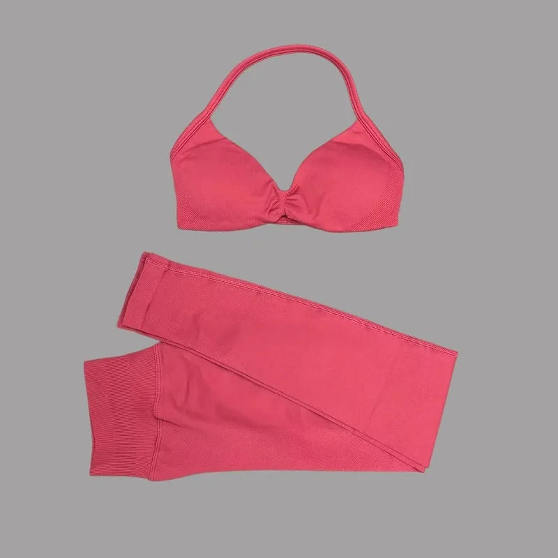 2 Piece Sports Set Women Yoga Backless Halter Bra High Waist Scrunch Seamless Pants Sport Suit Gym Sportswear Workout Set