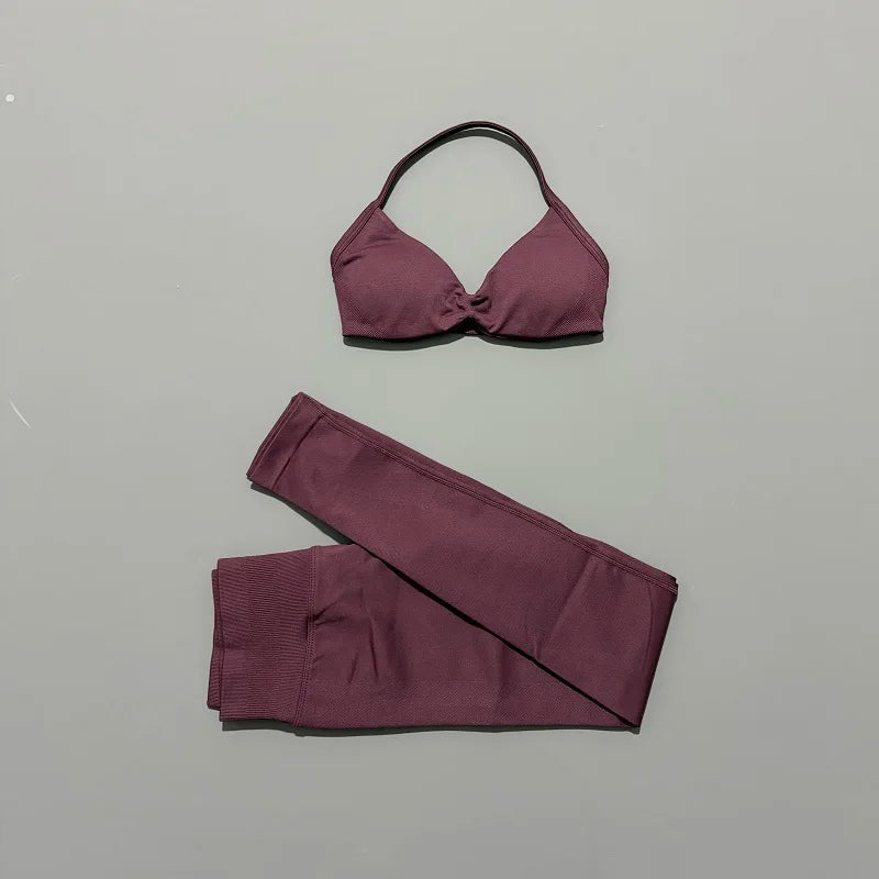 2 Piece Sports Set Women Yoga Backless Halter Bra High Waist Scrunch Seamless Pants Sport Suit Gym Sportswear Workout Set