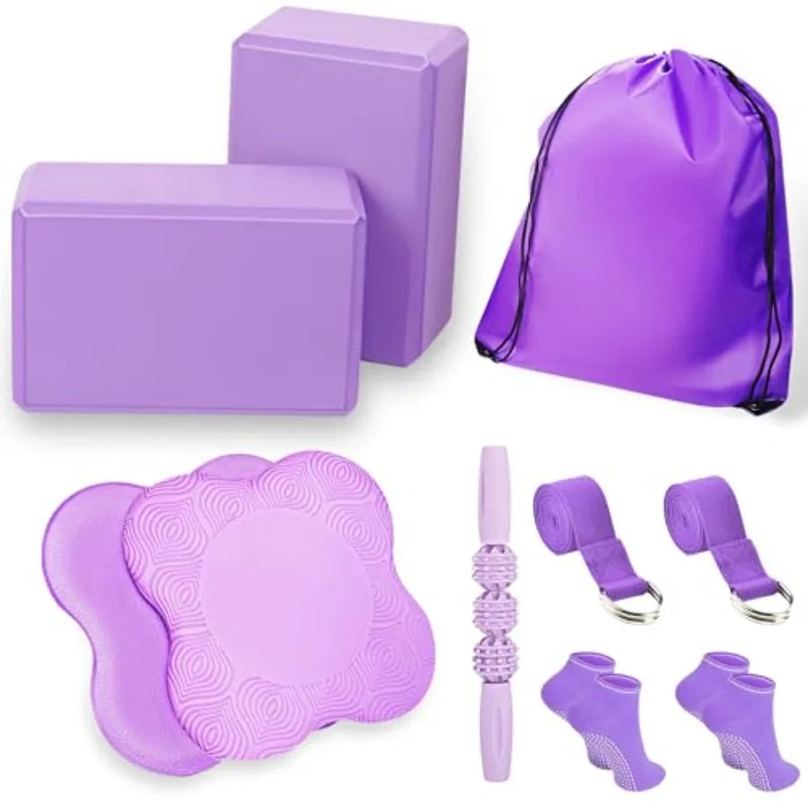 2 Yoga Blocks Supportive Accessories including 2 Knee Pads, 2 With Strap To Put Less Weight On Wrists, 1 Muscle Massage Roller,