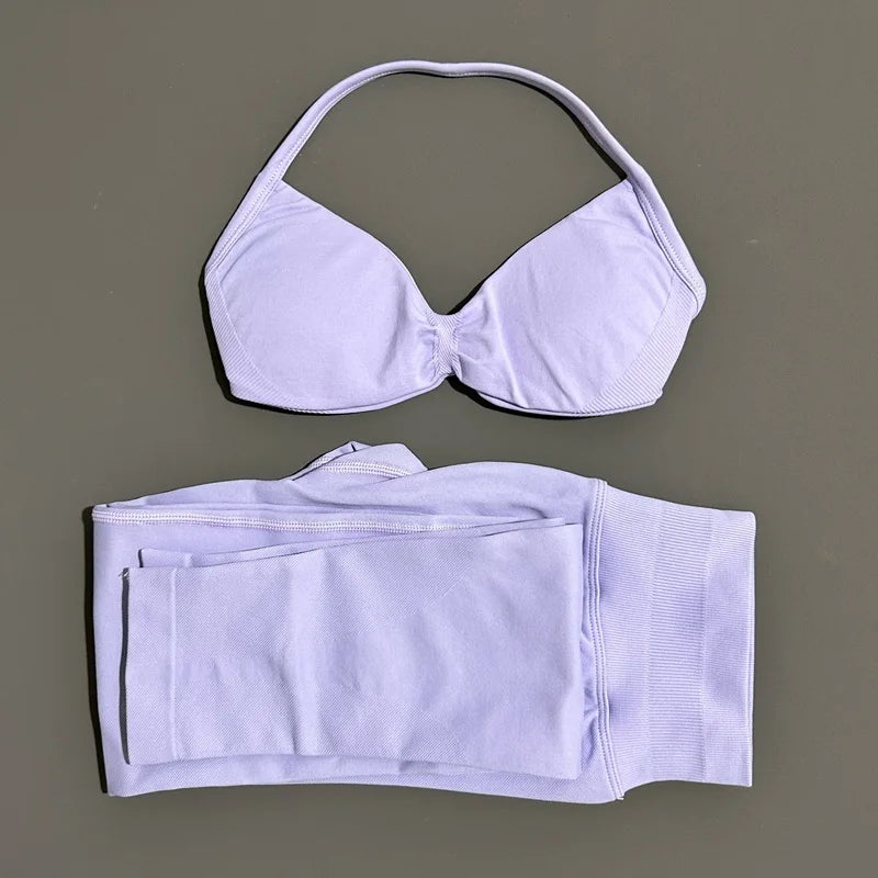 2 Piece Sports Set Women Yoga Backless Halter Bra High Waist Scrunch Seamless Pants Sport Suit Gym Sportswear Workout Set