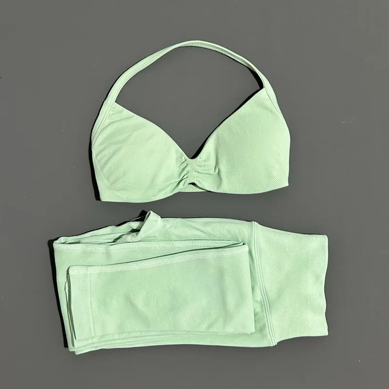 2 Piece Sports Set Women Yoga Backless Halter Bra High Waist Scrunch Seamless Pants Sport Suit Gym Sportswear Workout Set
