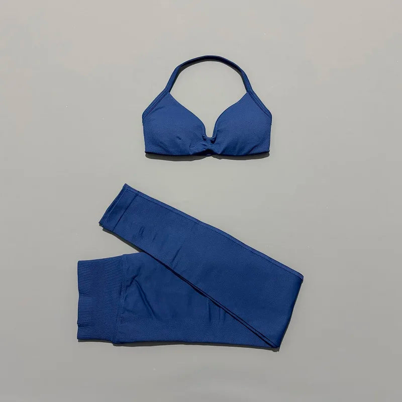 2 Piece Sports Set Women Yoga Backless Halter Bra High Waist Scrunch Seamless Pants Sport Suit Gym Sportswear Workout Set