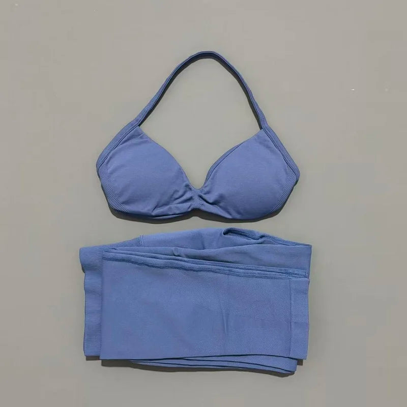 2 Piece Sports Set Women Yoga Backless Halter Bra High Waist Scrunch Seamless Pants Sport Suit Gym Sportswear Workout Set