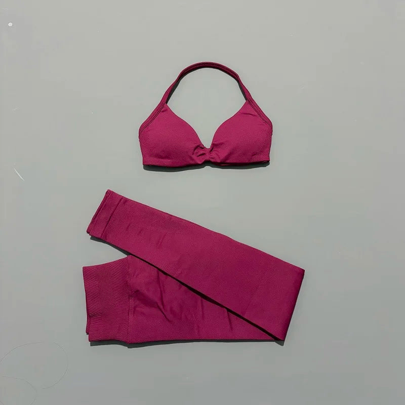 2 Piece Sports Set Women Yoga Backless Halter Bra High Waist Scrunch Seamless Pants Sport Suit Gym Sportswear Workout Set