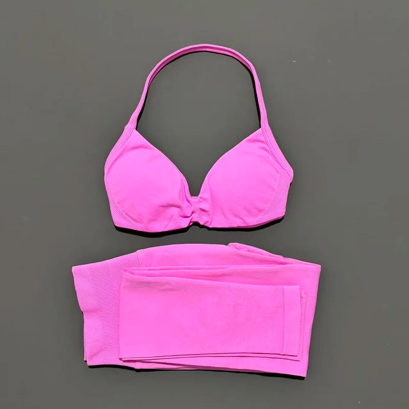 2 Piece Sports Set Women Yoga Backless Halter Bra High Waist Scrunch Seamless Pants Sport Suit Gym Sportswear Workout Set