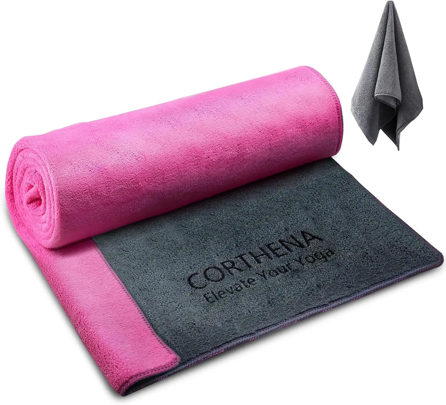 Extra Thick 600GSM Yoga Mat Towel with Hand Towel, Non-Slip Sweat Absorbent for Hot Yoga Pilates Fitness, Grey/Pink