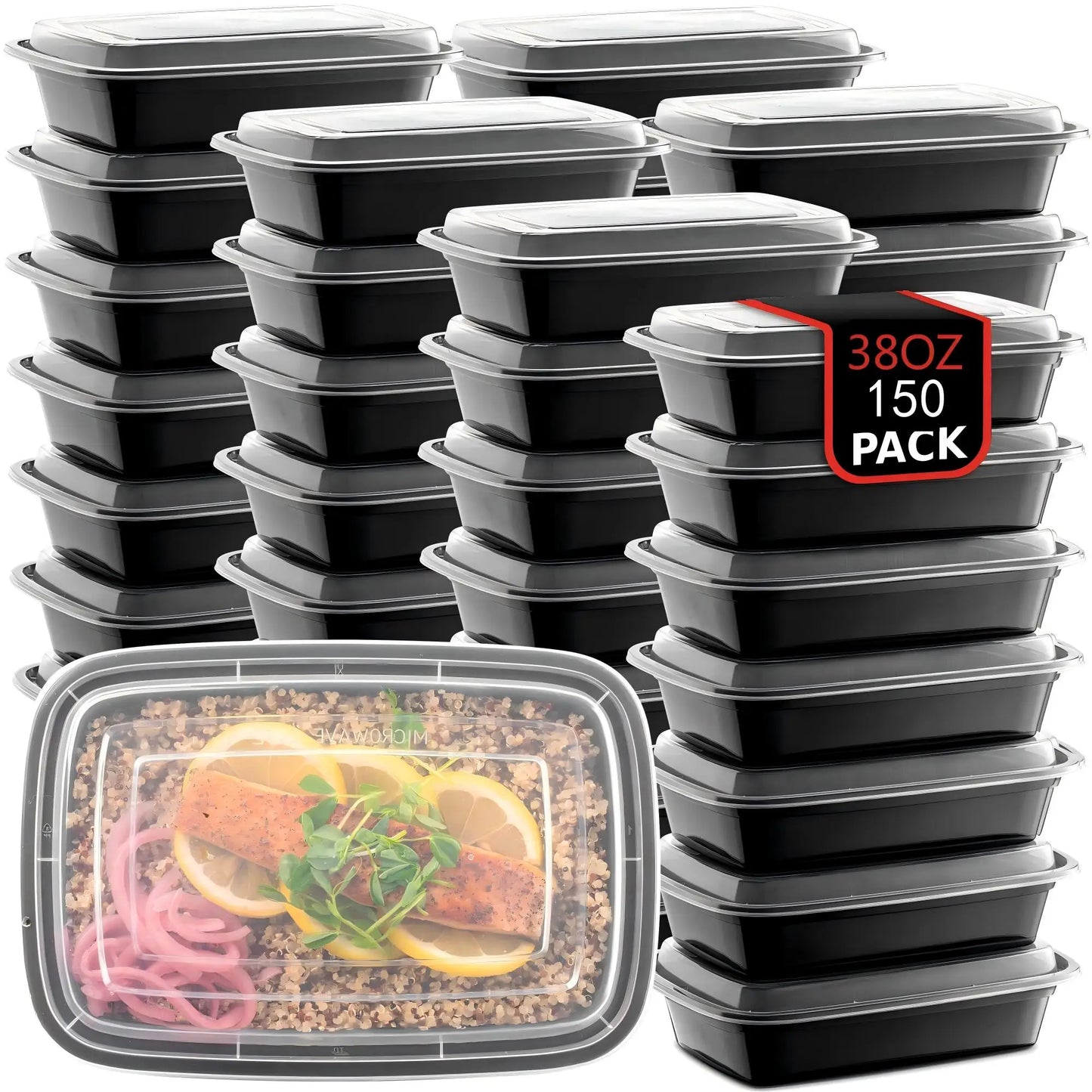 150-Piece Set of Black Rectangular Lunch Boxes, 38 oz. Stackable, Leak-Proof Food Storage Containers, Disposable Lunch Boxes