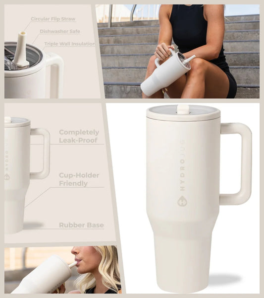 40oz Cream Insulated Stainless Steel Water Bottle | HYD Traveler Flip Straw Tumbler with Handle