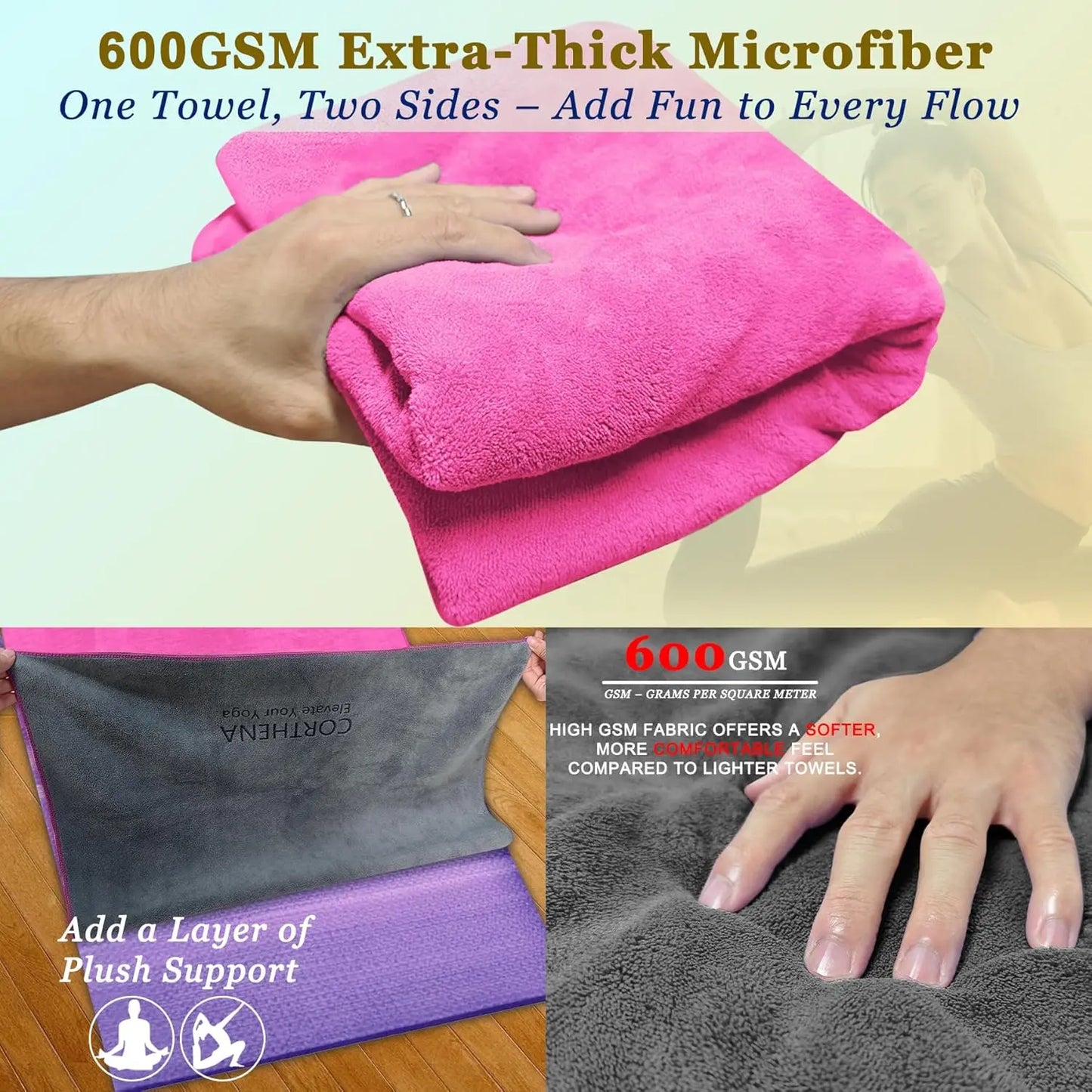 Extra Thick 600GSM Yoga Mat Towel with Hand Towel, Non-Slip Sweat Absorbent for Hot Yoga Pilates Fitness, Grey/Pink