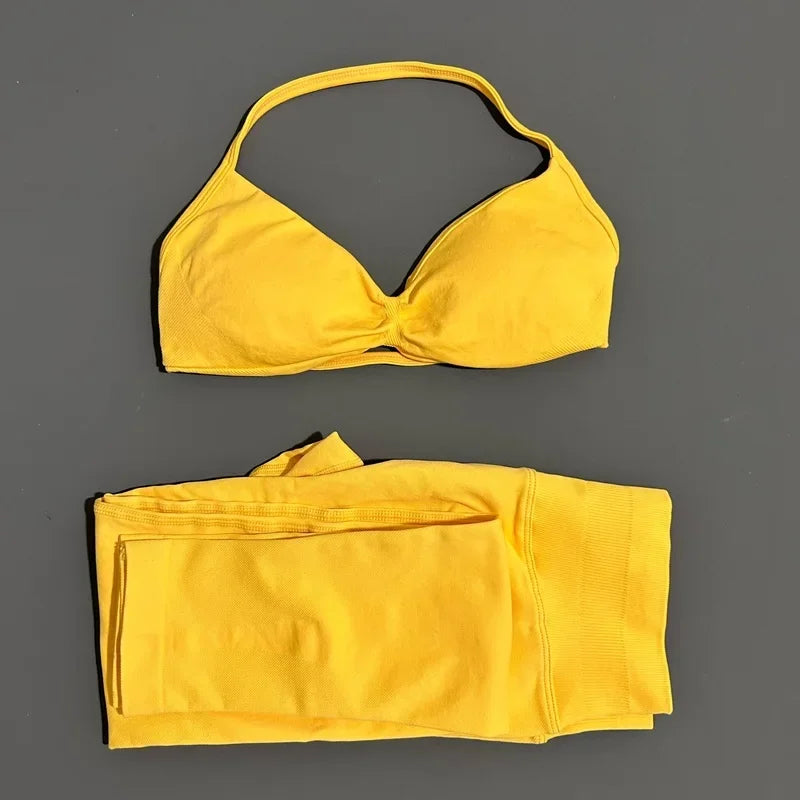 2 Piece Sports Set Women Yoga Backless Halter Bra High Waist Scrunch Seamless Pants Sport Suit Gym Sportswear Workout Set