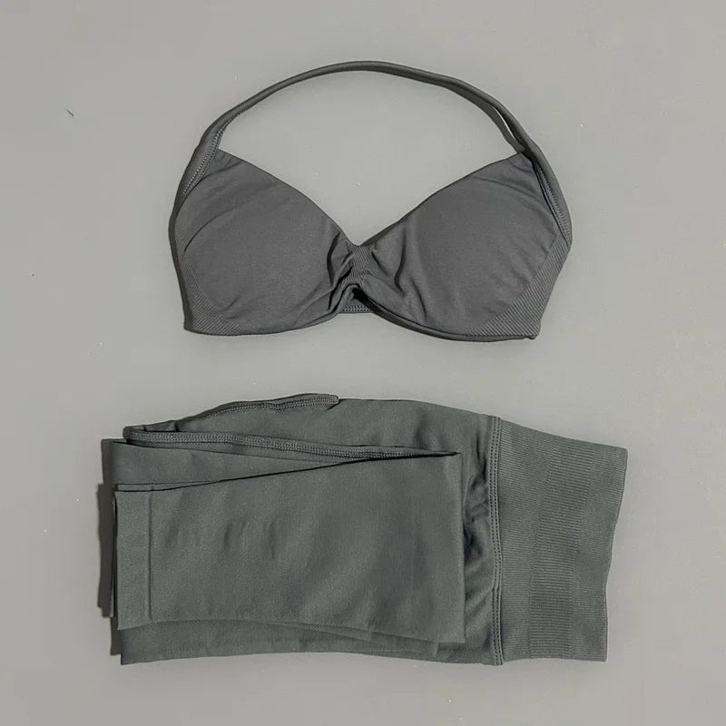 2 Piece Sports Set Women Yoga Backless Halter Bra High Waist Scrunch Seamless Pants Sport Suit Gym Sportswear Workout Set