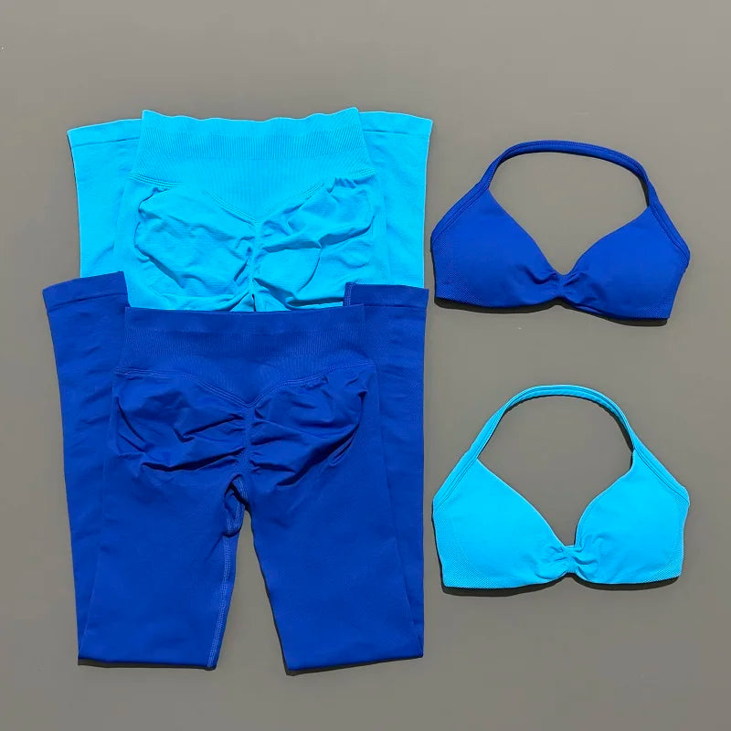 2 Piece Sports Set Women Yoga Backless Halter Bra High Waist Scrunch Seamless Pants Sport Suit Gym Sportswear Workout Set