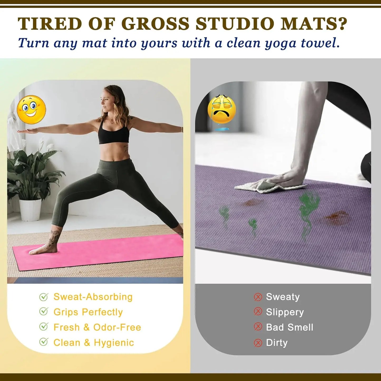 Extra Thick 600GSM Yoga Mat Towel with Hand Towel, Non-Slip Sweat Absorbent for Hot Yoga Pilates Fitness, Grey/Pink