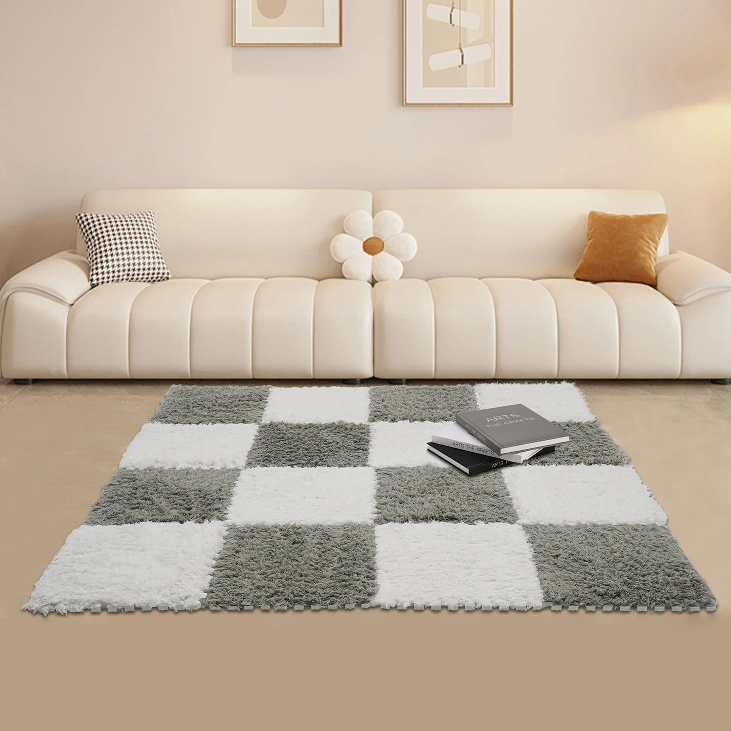 16Pcs Polyester Carpet Tiles, Square Interlocking Carpet Tiles with Border Soft Fluffy Play Foam Puzzle Floor Mat for Home Decor