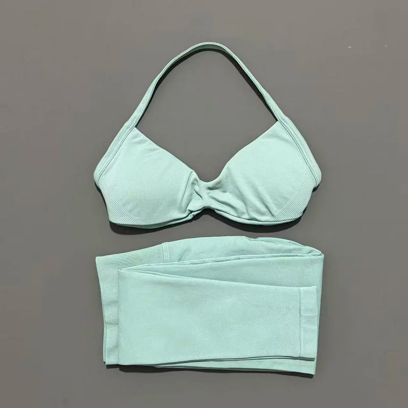 2 Piece Sports Set Women Yoga Backless Halter Bra High Waist Scrunch Seamless Pants Sport Suit Gym Sportswear Workout Set