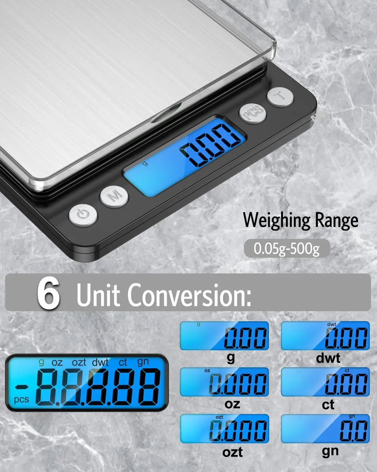 Digital Kitchen Scale 500g/0.01g Mini Pocket Scale with Backlit LCD, 2 Trays, 6 Units, Auto Off, Tare, PCS Function, Stainless Steel, Battery Included, Black